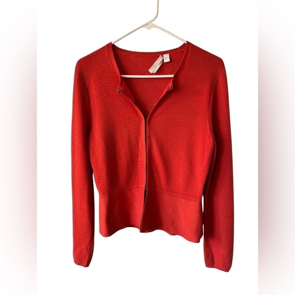 Hugo Boss Virgin Wool Red Orange Peplum Style Metal Clasp Cardigan Sweater M